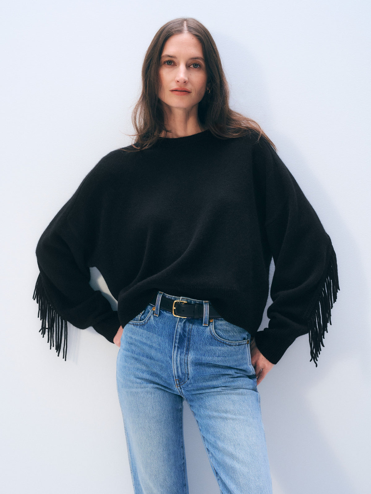 White + Warren Luxe Fringe Crew in Black, on model