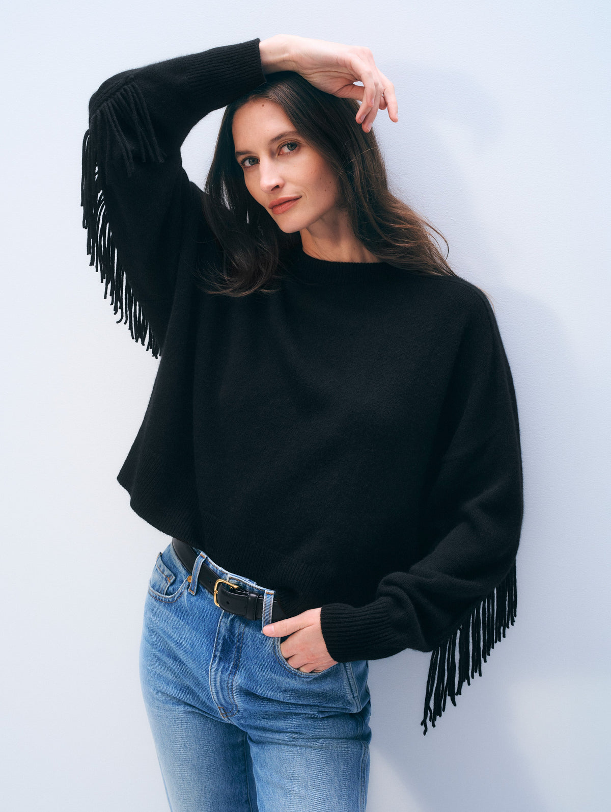 White + Warren Luxe Fringe Crew in Black, fringe detail