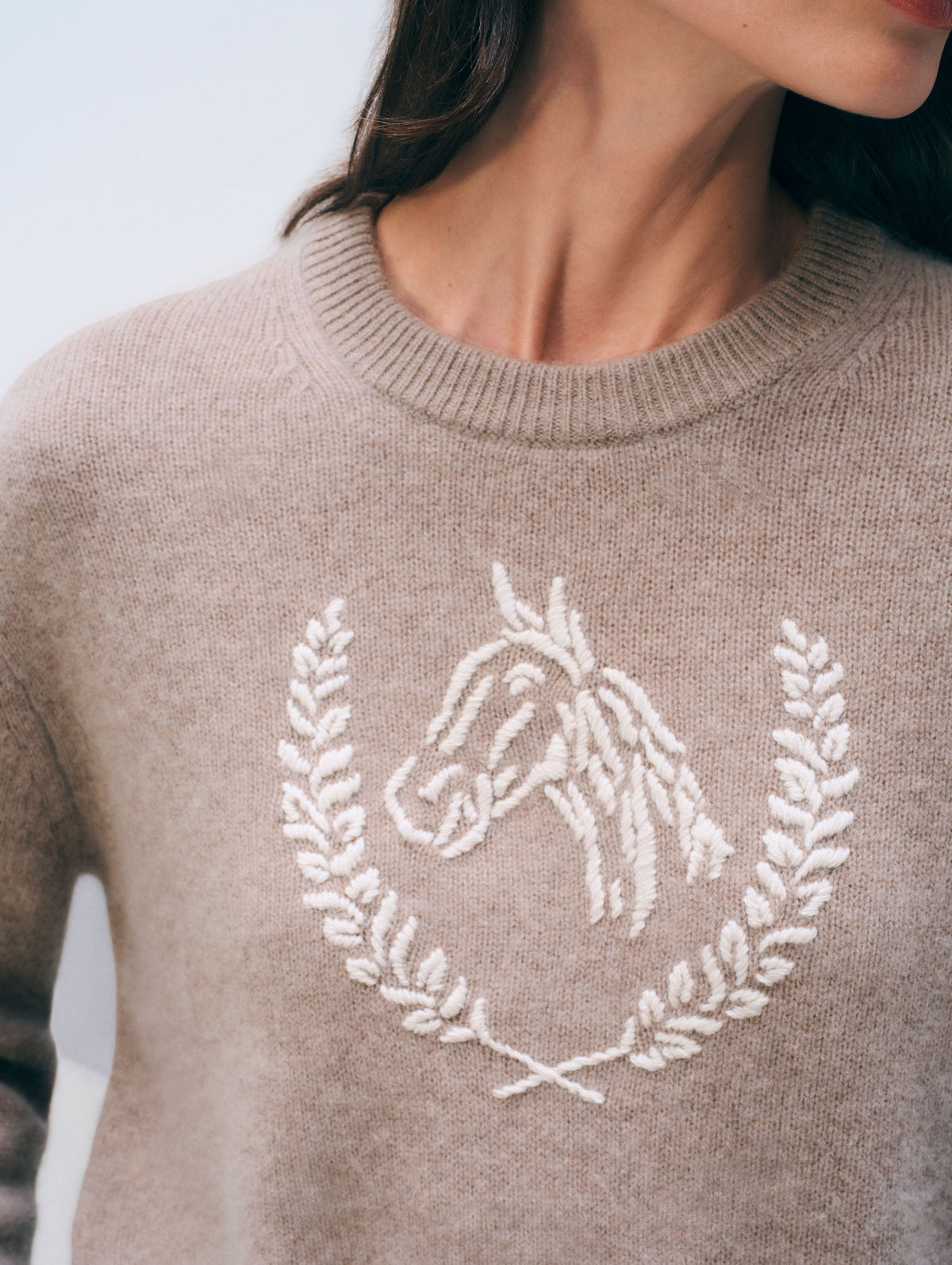 White + Warren Horse Crew in Misty Brown/Ivory, detail