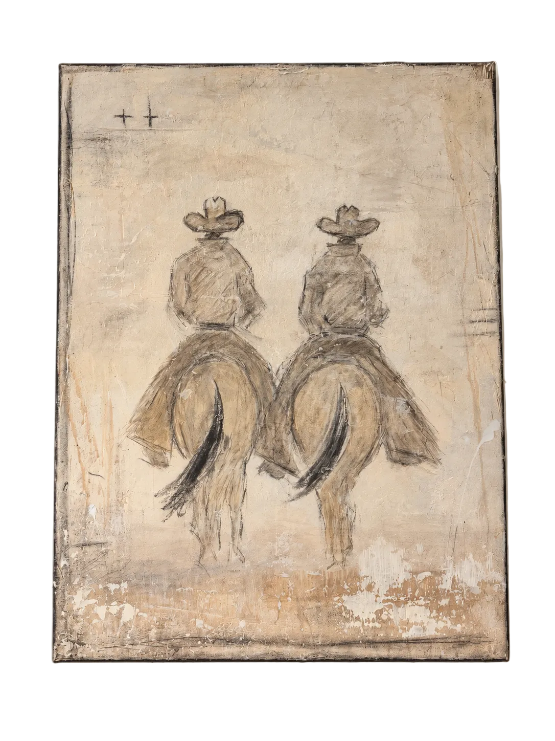 An abstract expressionist painting depicting two cowboys from behind on horseback, rendered in earthy beige, brown, and gray tones with a distressed, textured canvas finish.