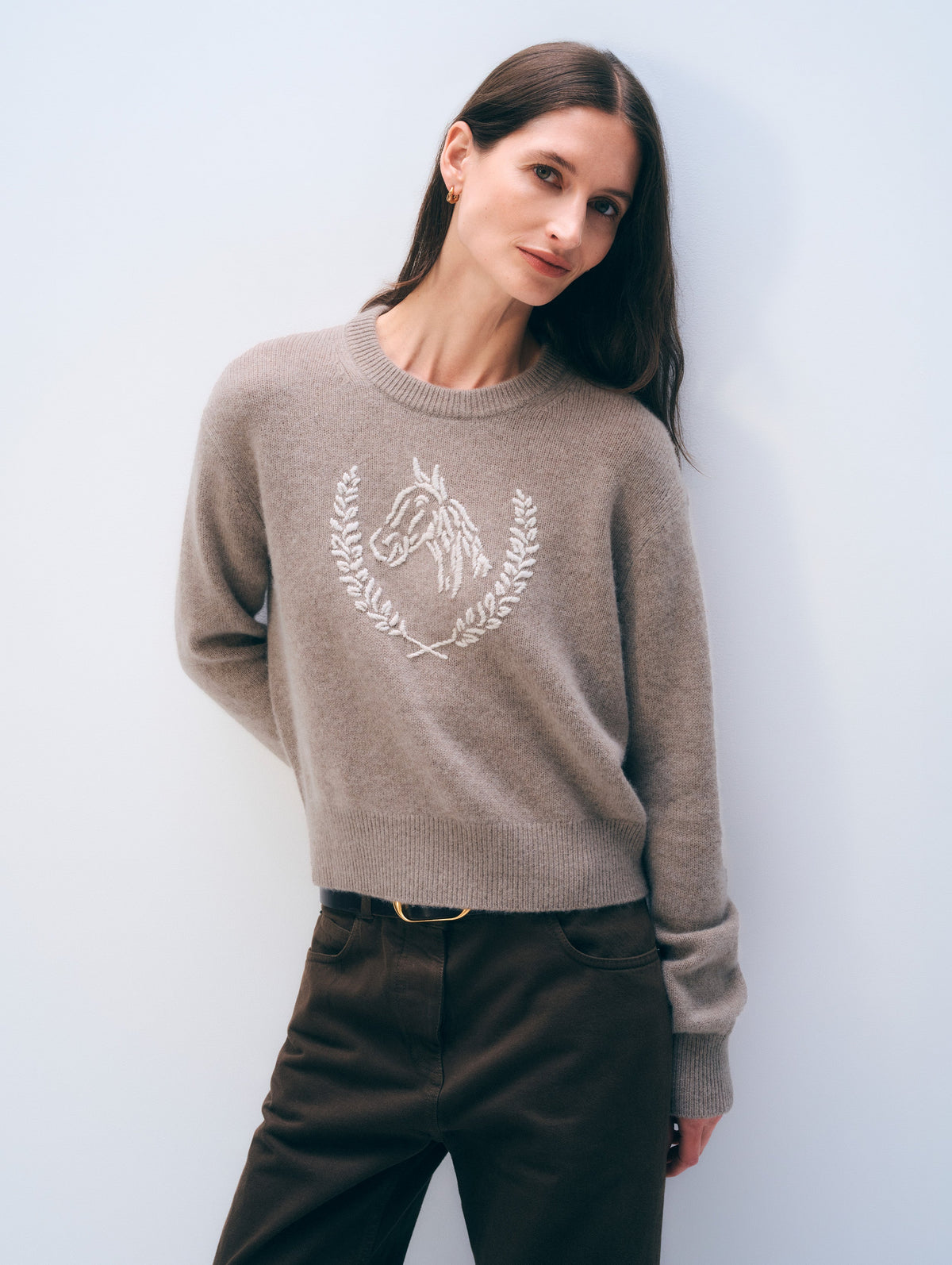White + Warren Horse Crew in Misty Brown/Ivory, on model