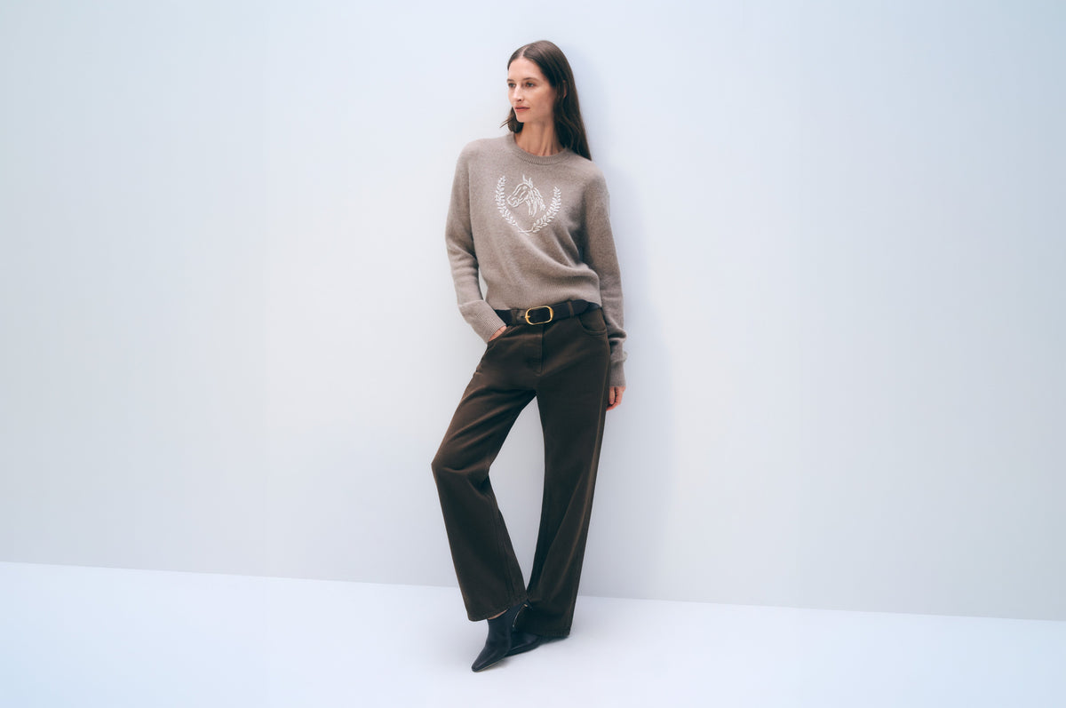 White + Warren Horse Crew in Misty Brown/Ivory, styled