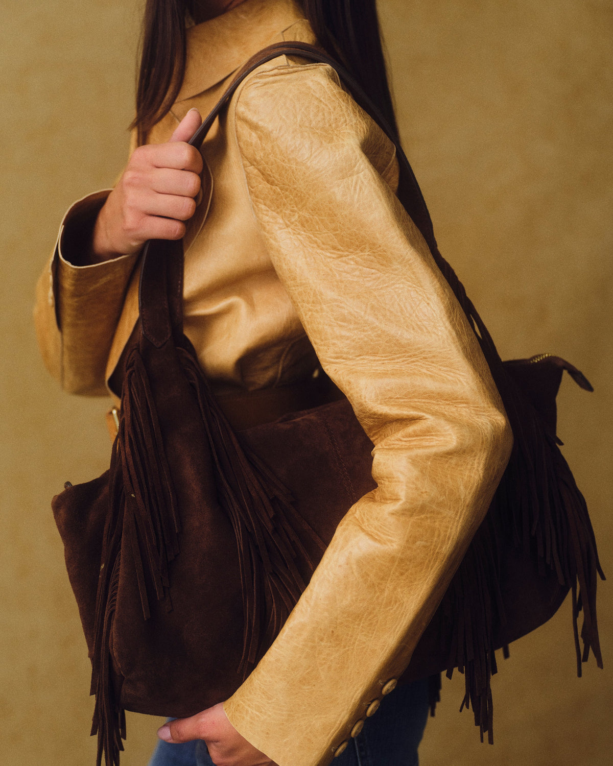 Carter Fringe Suede Shoulder Bag in Chocolate, on model