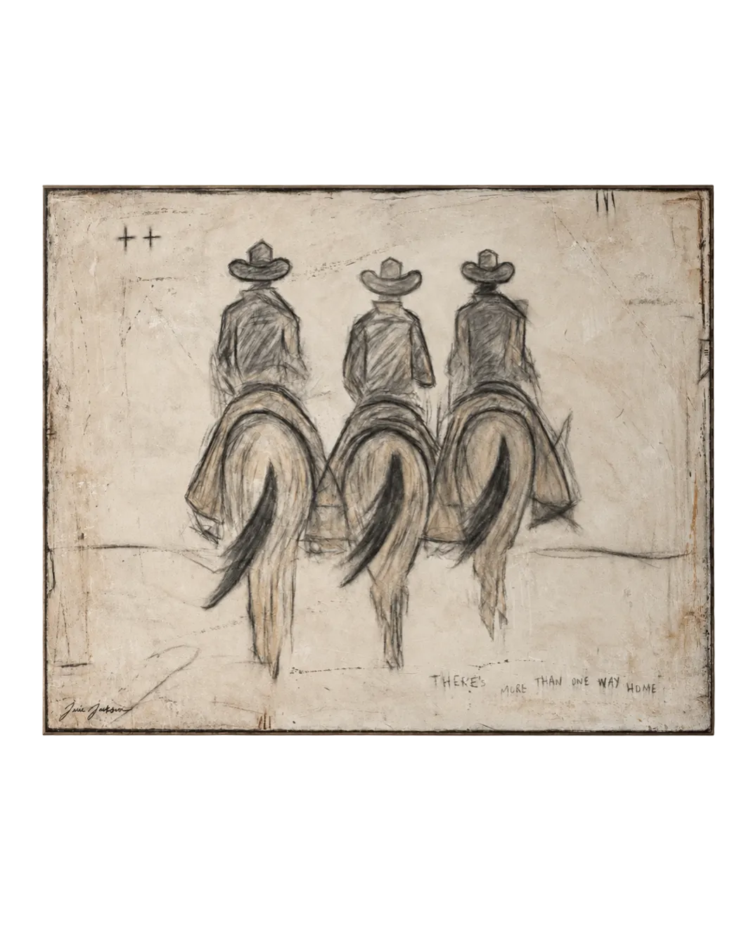 A framed art print depicting three cowboys from behind riding horses, rendered in black and gray sketch lines on a textured beige background, mounted on a light beige wall.