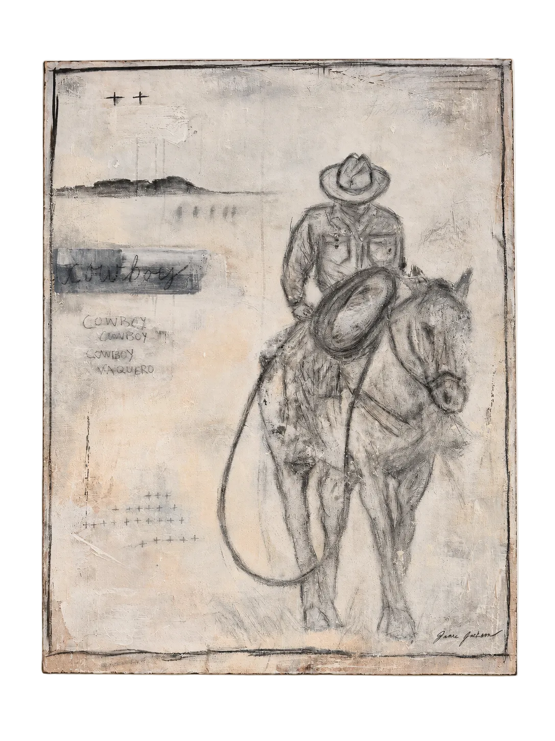 A square mixed-media painting of a cowboy riding a horse, displayed on a neutral wall. The artwork features a textured, aged beige and gray background with black and gray sketch-like details, including a lasso and handwritten text elements.