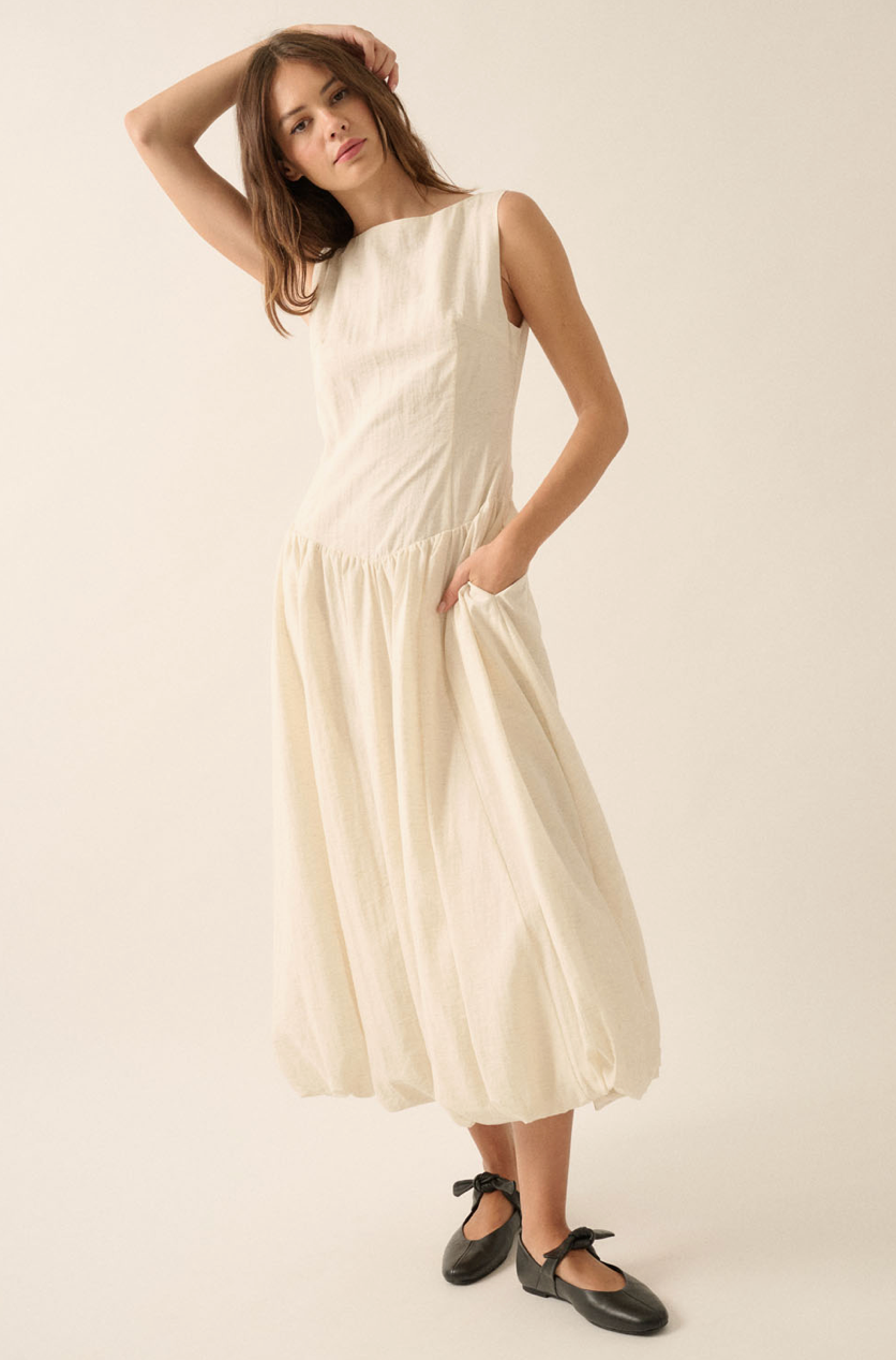 le field, Boatneck Drop-Waist Bubble Midi Dress