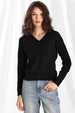 Minnie Rose, Frayed V-Neck Sweater